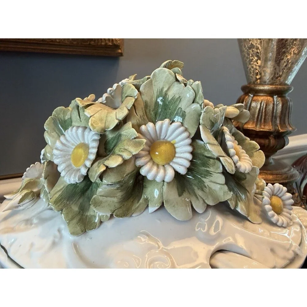 Vintage Italian Tureen Soup Serving Bowl Capodimonte Style w/ Ladle Daisy